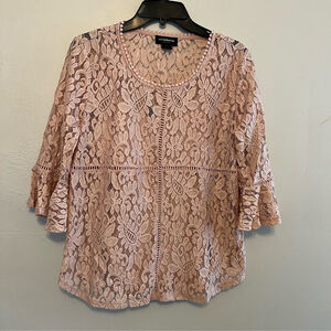 Liz Claiborne Lace Semi Sheer Romantic Feminine Floral Pink Tunic Top Large